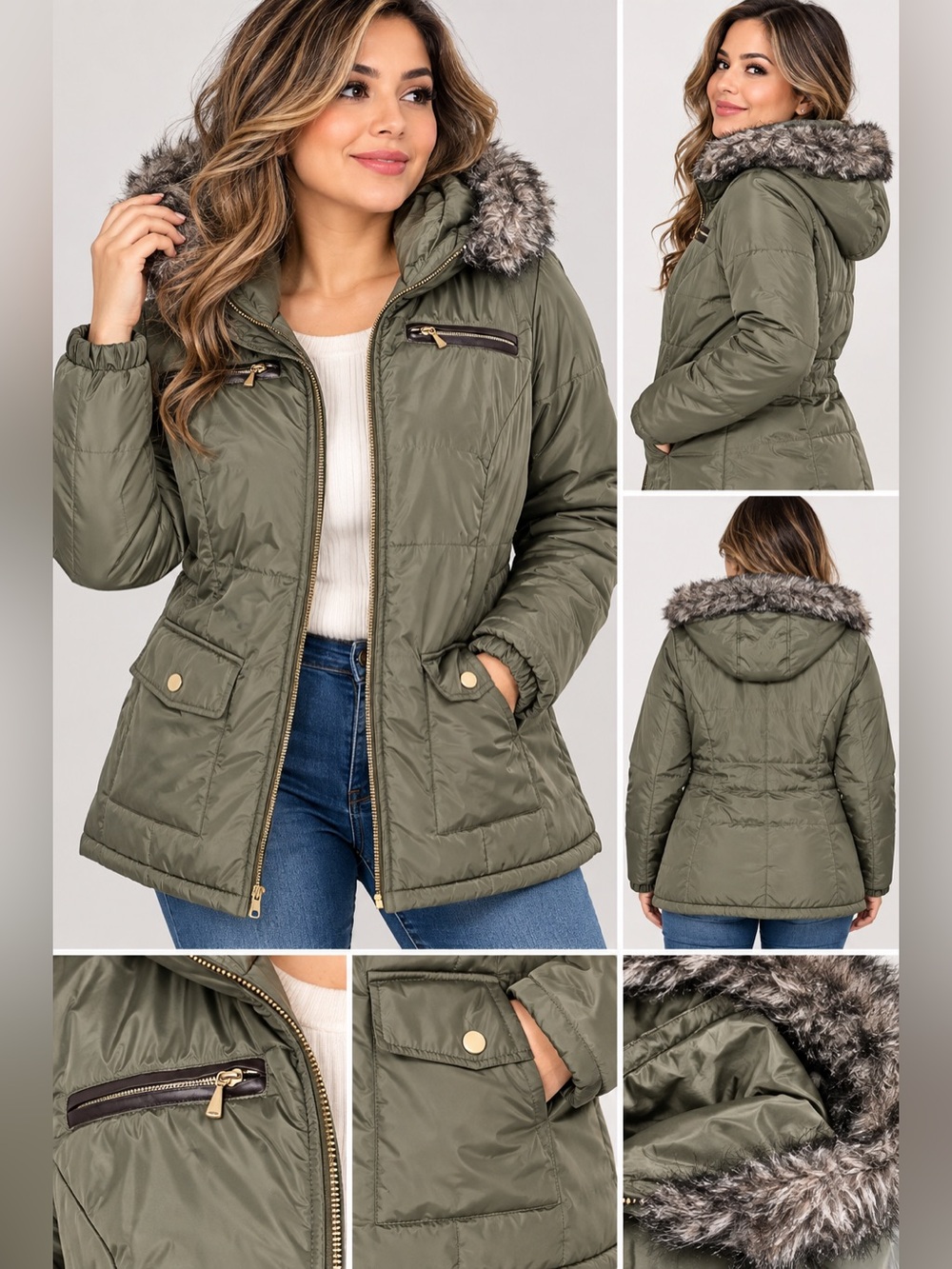 Women’s 1X Sage Green Puffer Jacket Faux Fur Hood Winter Coat Plus Size
